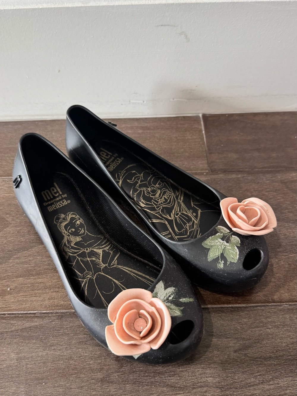 Melissa x Mel By Melissa Black Peep-Toe Flats with Pink Rose Accent Girls Sz 13